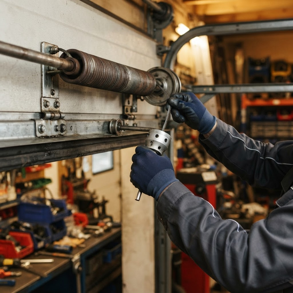Technician repairing a garage door spring and track